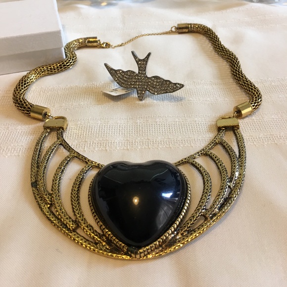 Jewelry - gold heart necklace with silver bird ring